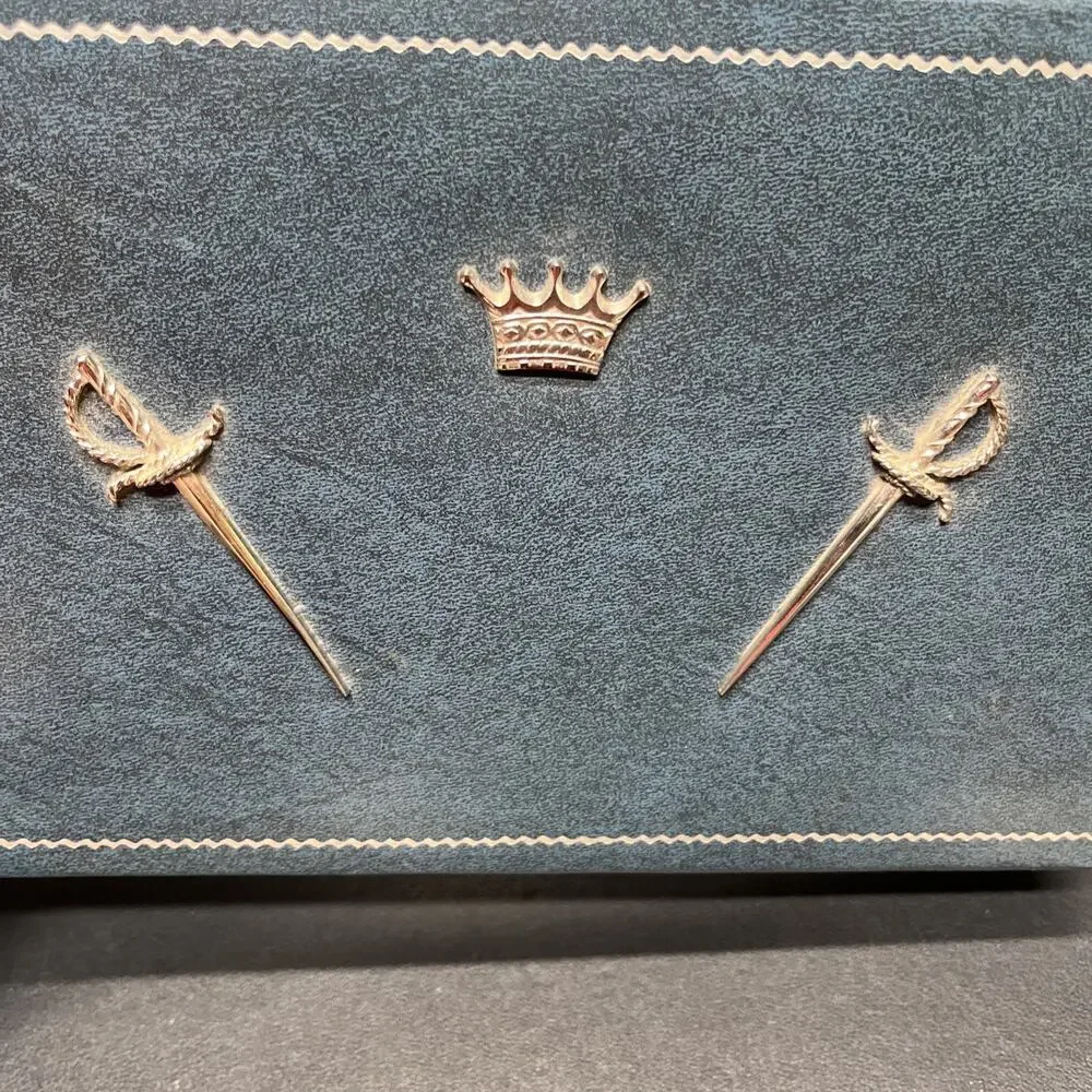 Vintage Dante Mens Jewelry Box Valet Box Faux Blue Leather, Swords & Crown